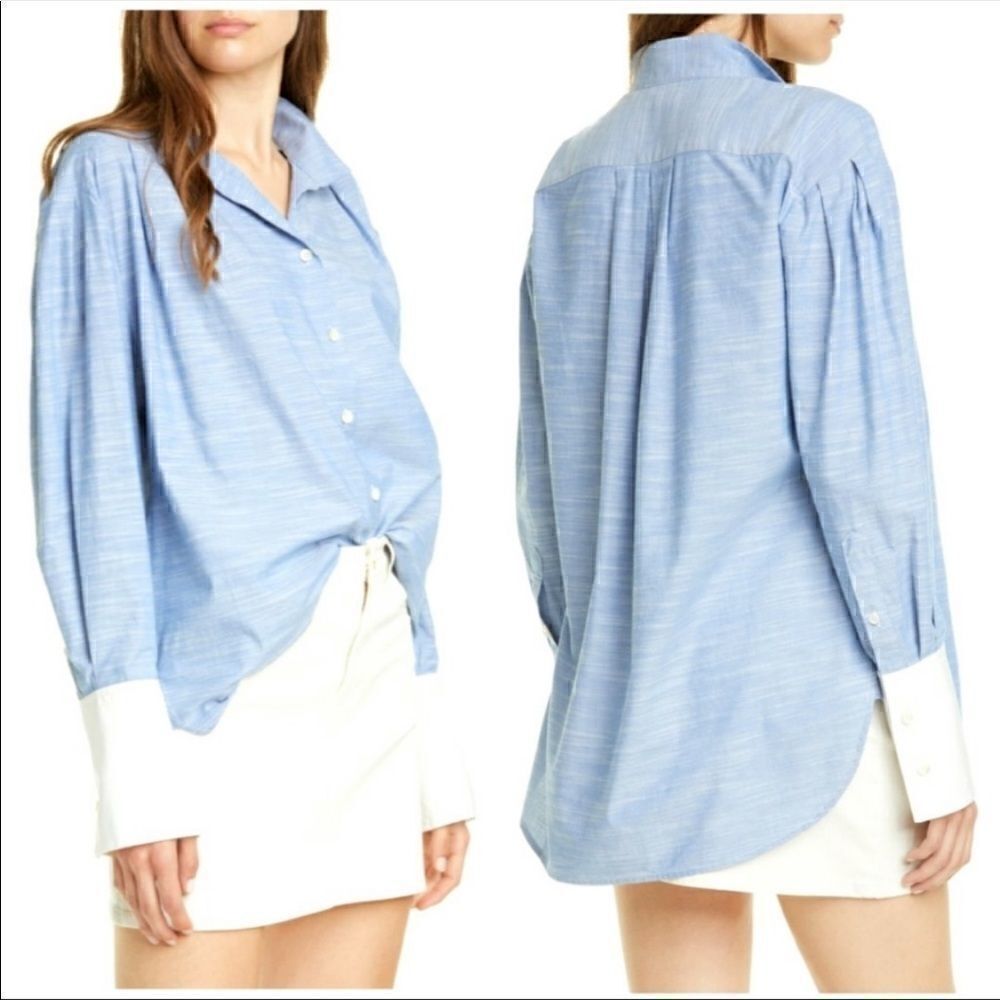 Frame Oxford Blue Pleated Contrast Cuff Button Up